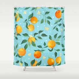 Branches of oranges with flowers on a blue background. Textile seamless pattern Shower Curtain