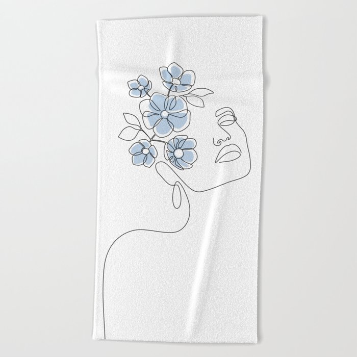 Blue Bloom Girl / woman portrait with flowers in her head Beach Towel