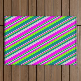 [ Thumbnail: Light Grey, Fuchsia, Green, and Dark Cyan Colored Lines/Stripes Pattern Outdoor Rug ]