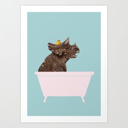 Playful Triceratop in Bathtub Art Print