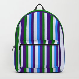 [ Thumbnail: Blue, Lavender, Green, and Indigo Colored Pattern of Stripes Backpack ]