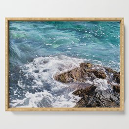 Blue Aegean Sea And Volcanic Rock Formation Photography  Serving Tray