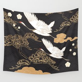 Japanese seamless pattern with crane birds and bonsai trees Wall Tapestry