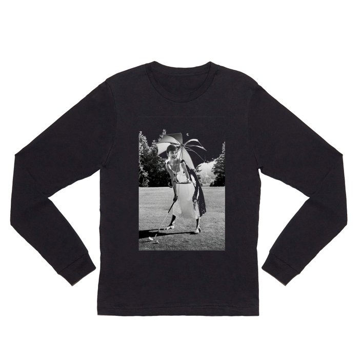 Audrey Hepburn Playing Golf, Black and White Vintage Art Long Sleeve T Shirt