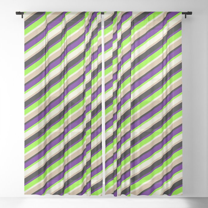 Eyecatching Indigo, Green, Beige, Tan, and Black Colored Lined/Striped Pattern Sheer Curtain