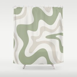 Retro Liquid Swirl Abstract Pattern in Cream, Sage, Beige Shower Curtain
