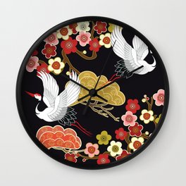 Japanese crane bird hand drawn illustration pattern on dark background.  Wall Clock