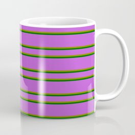 [ Thumbnail: Orchid, Green & Dark Green Colored Pattern of Stripes Coffee Mug ]