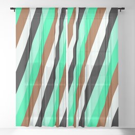 [ Thumbnail: Colorful Aquamarine, Green, Brown, Mint Cream & Black Colored Striped Pattern Sheer Curtain ]