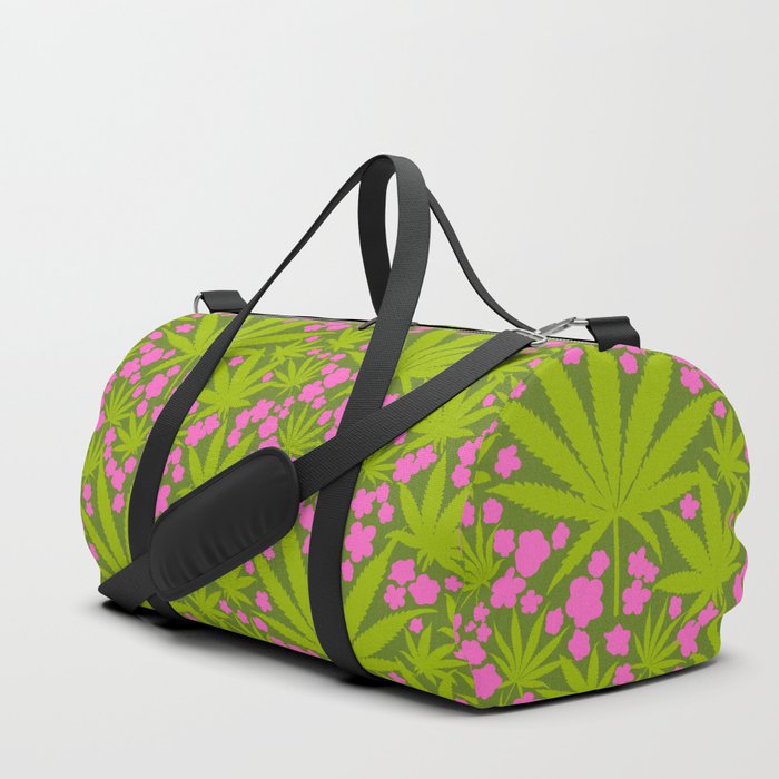 Green Cannabis Leaves And Hot Pink Flowers Retro Modern Maximalist Botanical Floral Pattern Duffle Bag
