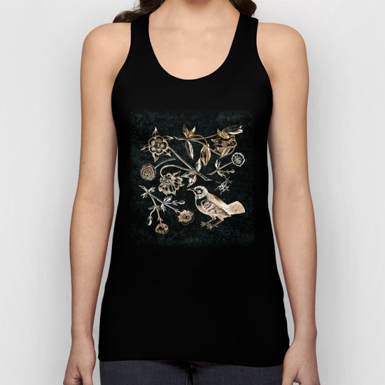 Golden set of birds, beetle, flowers and cherry fruit. Unisex Tank Top