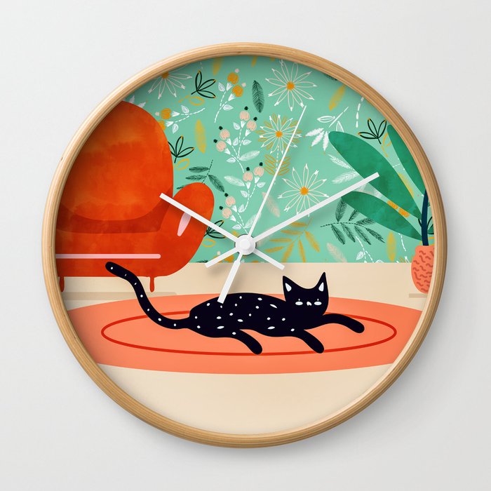 Boho Cat, Illustration Whimsical Graphic Design Pet Illustration Home Decor Eclectic Quirky Animal Wall Clock