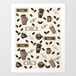 Coffee cups pattern on cream background Art Print