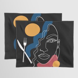 African woman in a line art style with abstract shapes on a black background. Placemat