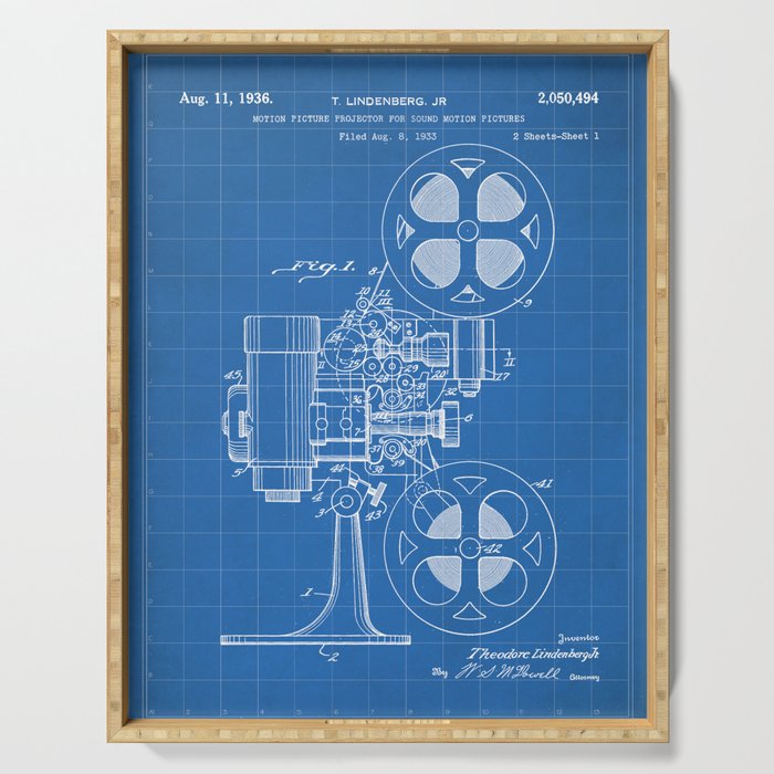 Film Projector Patent - Cinema Art - Blueprint Serving Tray