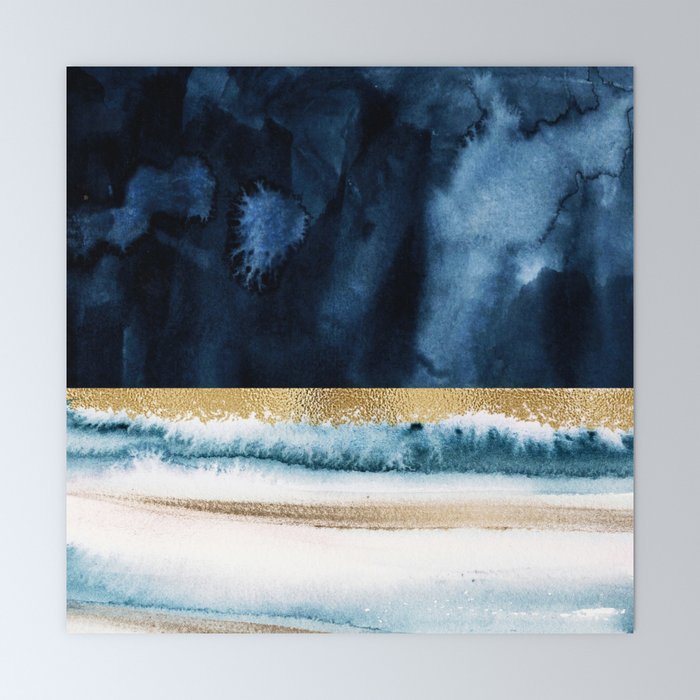 Navy Blue, Gold And White Abstract Watercolor Art Mini Art Print