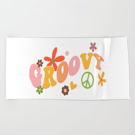 Retro groovy design with flowers and a peace sign Beach Towel