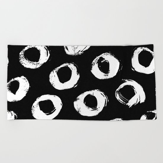 Painted Circles White on Black Beach Towel