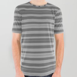 [ Thumbnail: Dim Gray & Dark Grey Colored Striped/Lined Pattern All Over Graphic Tee ]