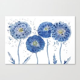 four blue dandelions watercolor Canvas Print