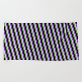 [ Thumbnail: Dark Orchid, Light Blue, Green, and Black Colored Lines Pattern Beach Towel ]
