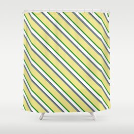 [ Thumbnail: Eye-catching Slate Gray, Tan, Forest Green, White, and Black Colored Lined Pattern Shower Curtain ]