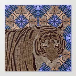 Tiger on abstract stripey wavy blue and brown pattern Canvas Print