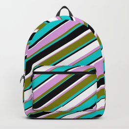 [ Thumbnail: Colorful Plum, Green, Dark Turquoise, Black, and White Colored Lined/Striped Pattern Backpack ]