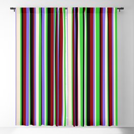 [ Thumbnail: Colorful Lime Green, Beige, Medium Slate Blue, Dark Red & Black Colored Stripes Pattern Blackout Curtain ]