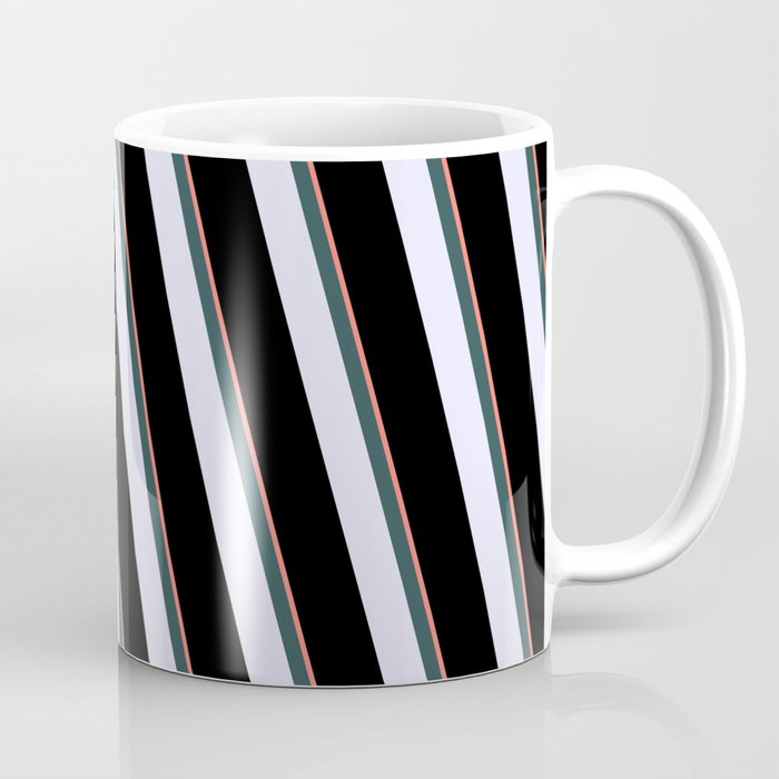 Salmon, Dark Slate Gray, Lavender, and Black Colored Lined Pattern Coffee Mug