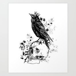 Black raven with skull and crow, skeleton eucaliptus leaves, black and white Art Print