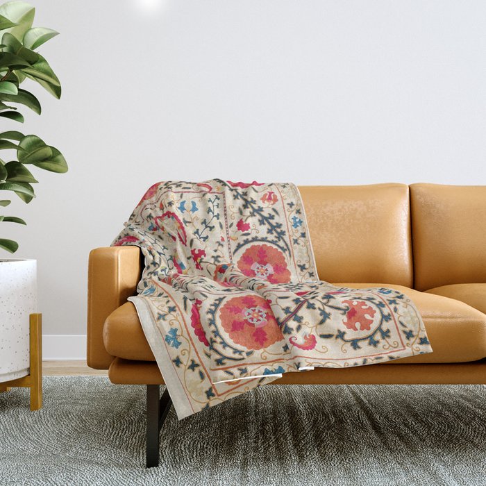 Kermina Suzani Uzbekistan Embroidery Print Throw Blanket