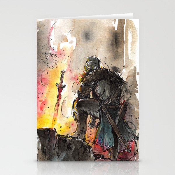 Dark Souls Bonfire with a Warrior Japanese calligraphy Stationery Cards