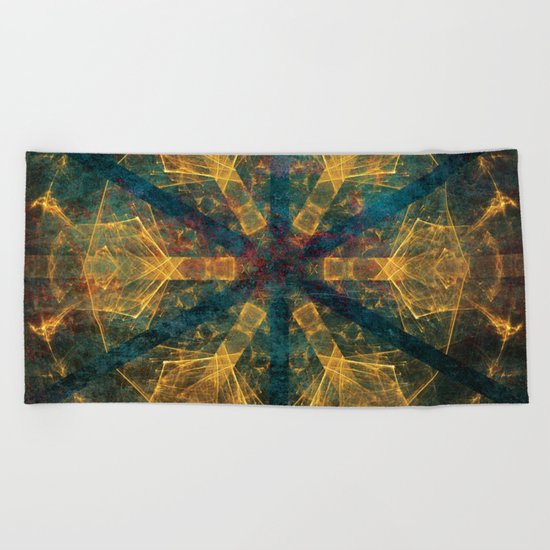 Tribal mandala in blue and gold Beach Towel