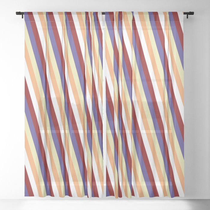 Dark Slate Blue, Pale Goldenrod, Brown, White & Maroon Colored Stripes/Lines Pattern Sheer Curtain