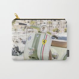 Vespa scooter in the port of Port de Sóller, Mallorca Carry-All Pouch | Mintgreen, Scooter, Desaturated, Summer, Mallorca, Wallart, Color, Wanderlust, Photo, Vintage 