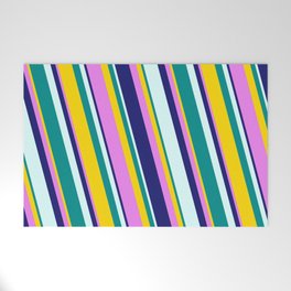 [ Thumbnail: Eye-catching Yellow, Violet, Midnight Blue, Light Cyan, and Dark Cyan Colored Stripes/Lines Pattern Welcome Mat ]
