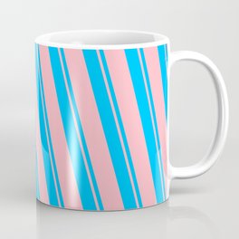 [ Thumbnail: Deep Sky Blue and Light Pink Colored Striped/Lined Pattern Coffee Mug ]