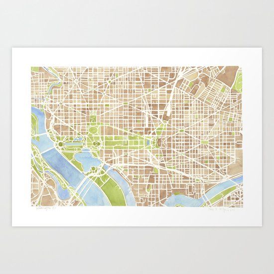 Washington DC watercolor city map Art Print