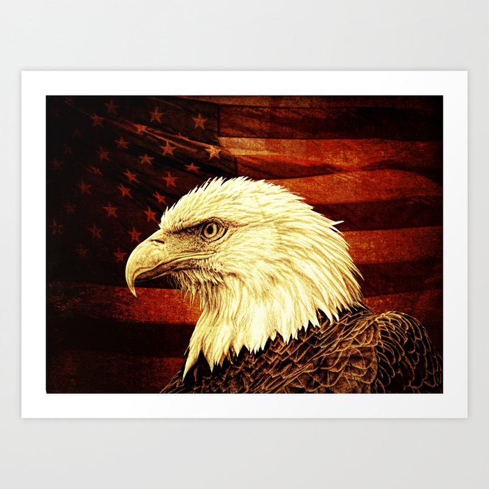Rustic Bald Eagle Bird On American Flag Heartland Americana Art A457 Art Print By Nicolphotographicart