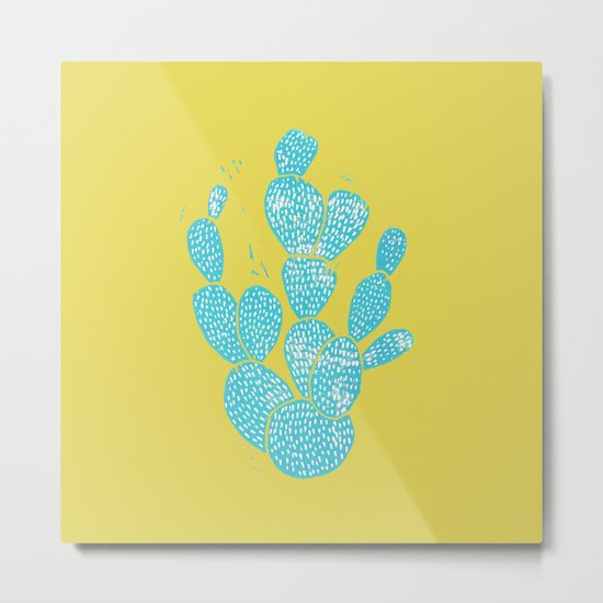 Linocut Cactus #1 Desert Blue Metal Print