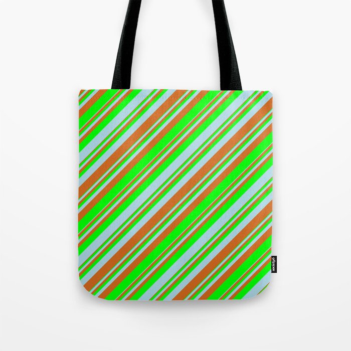 Chocolate, Lime & Light Blue Colored Lined/Striped Pattern Tote Bag