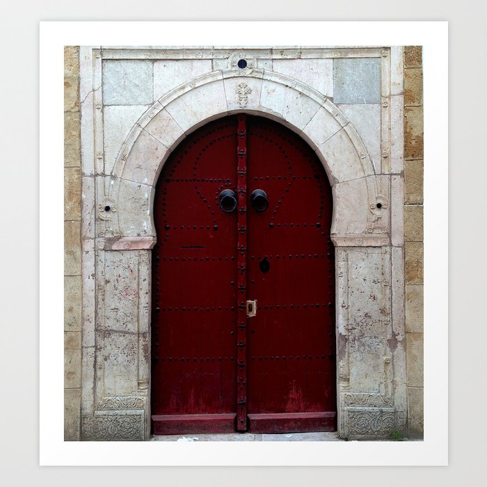 Gorgeous maroon old world Moorish door in arched doorway color photograph art print Art Print