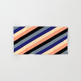 [ Thumbnail: Light Slate Gray, Midnight Blue, Beige, Light Salmon & Black Colored Stripes/Lines Pattern Hand & Bath Towel ]