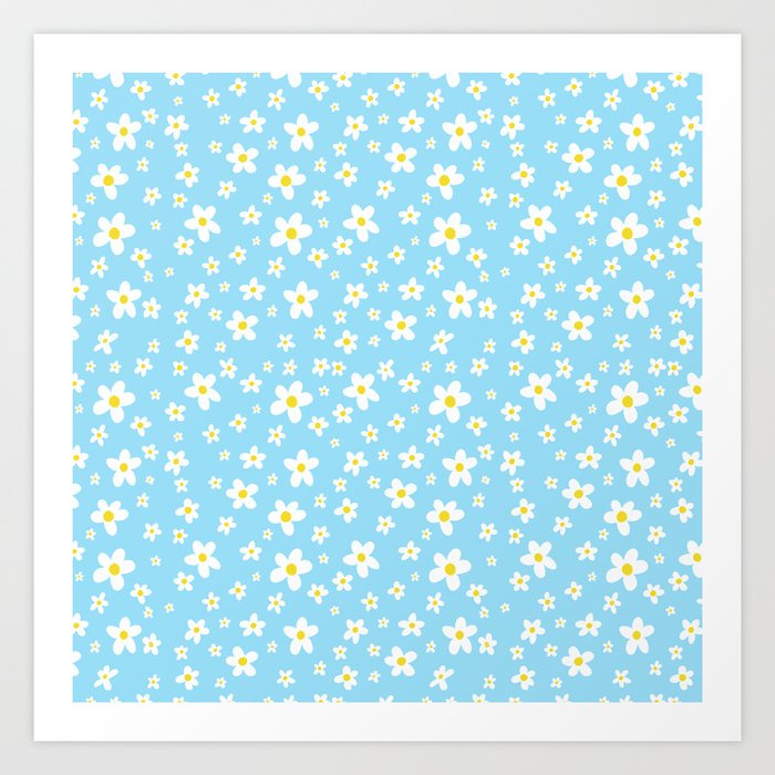 White Daisies with Baby Blue Pattern Art Print