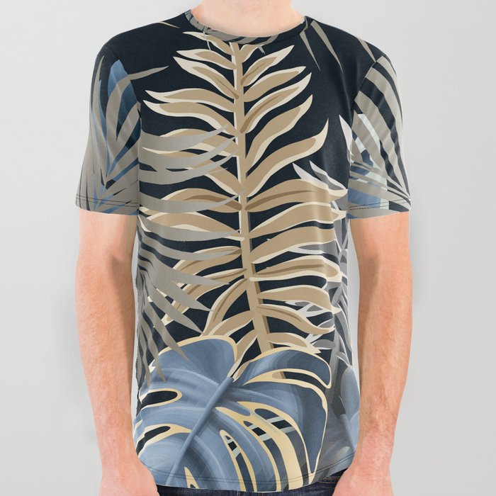 Blue, Gold and Gray Palm Leaves All Over Graphic Tee