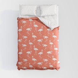 White flamingo silhouettes seamless pattern on coral background Comforter