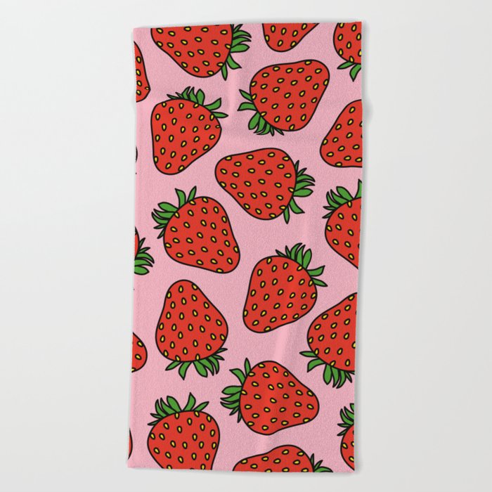 Pink and Red Cottage Core Strawberries Beach Towel