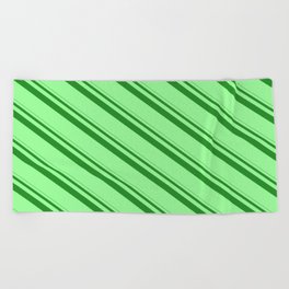 [ Thumbnail: Forest Green & Green Colored Lined/Striped Pattern Beach Towel ]