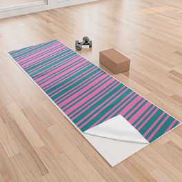 [ Thumbnail: Hot Pink and Teal Colored Pattern of Stripes Yoga Towel ]